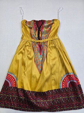 EShakti Strapless Dress With Tribal Print Size 6 Small Yellow